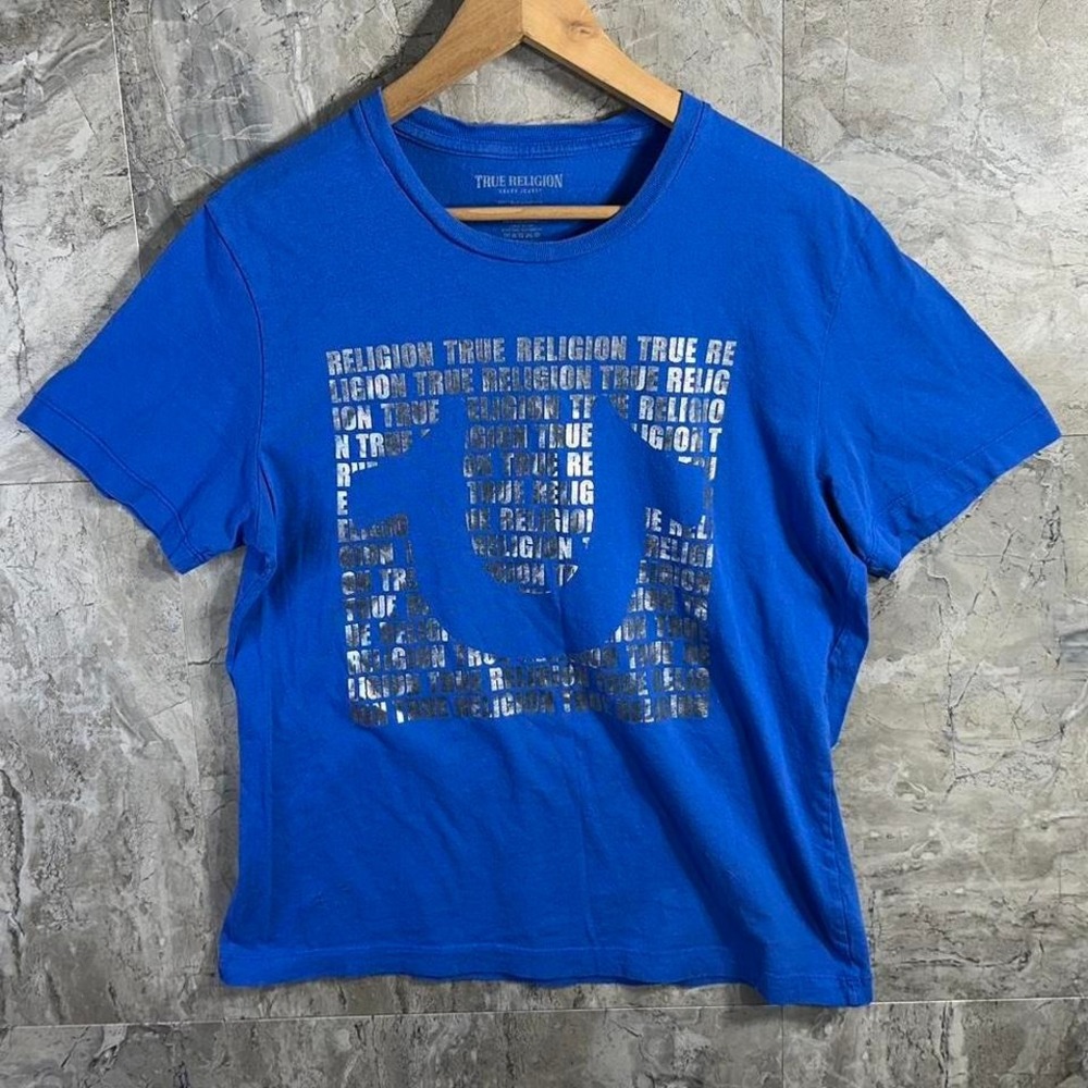 True Religion Shirt Mens Large Blue Metallic Graphic Horseshoe Logo Style Y2K